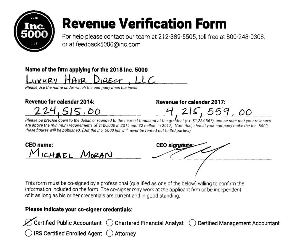 INC 5000 Revenue Verification Form